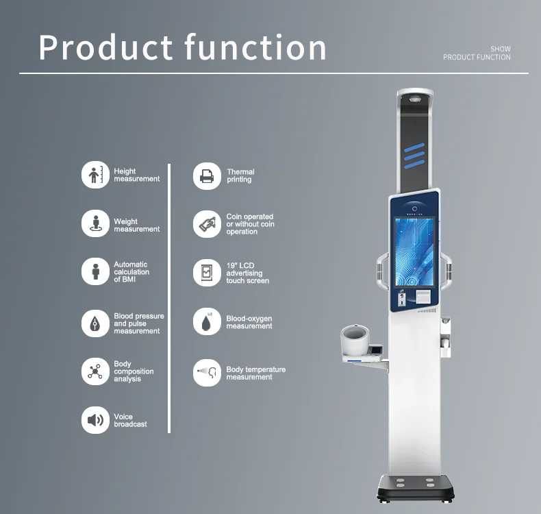 Advanced 19 Inch Android Advertising Multi Parameters Health Kiosk BMI Machine Body Height Weight Scale