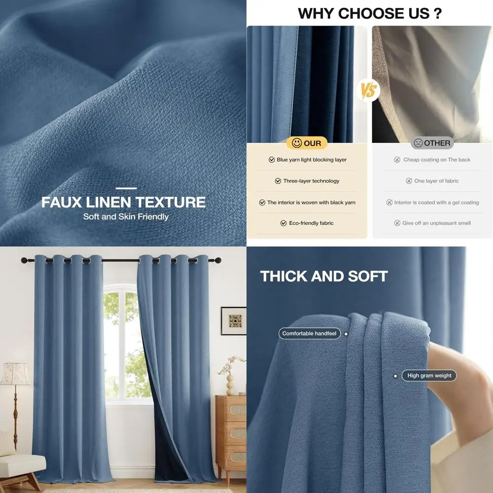 

Linen-Textured 108 Blackout Curtains, 2 Panels, Thermal & Soundproof, Blue for Living Room & Bedroom