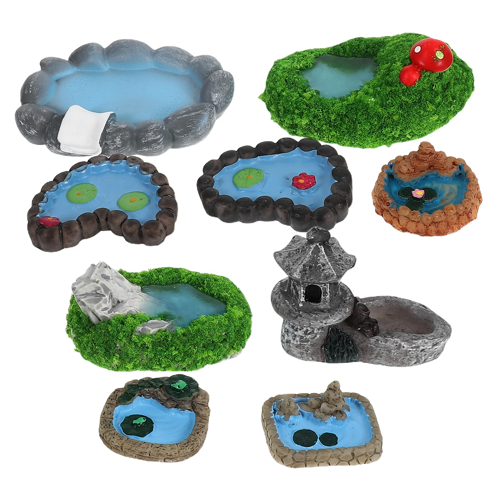

9PCS Mini Landscape Pool Resin Decorations for Fairy Garden Terrarium Landscaping Crafts Miniatures Outdoor Indoor Use