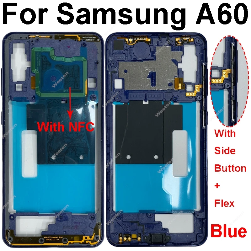 Bezel bingkai tengah untuk Samsung Galaxy A60, casing rangka tengah, casing rumah bingkai tengah, suku cadang pengganti pelat Tengah