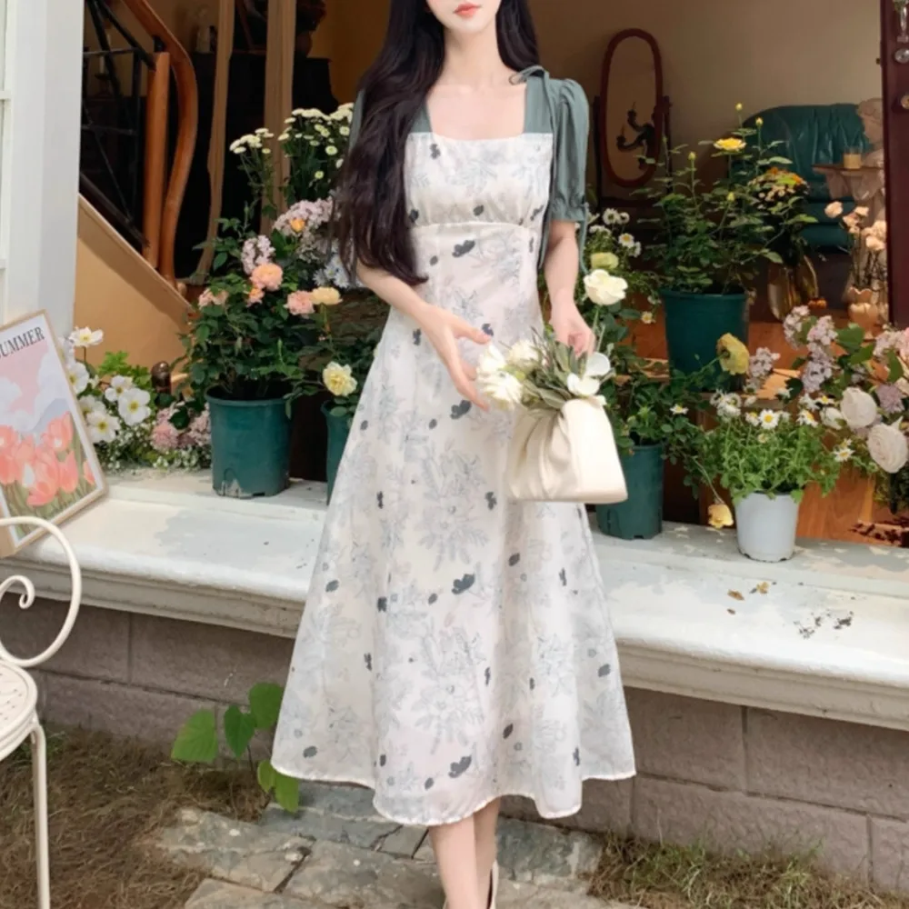 Retro Blumendruck Maxi Dr Gentle ort Sve Patchwork Damen Sommer Dr Korean Sle Commute Bubble Sve Square Co...