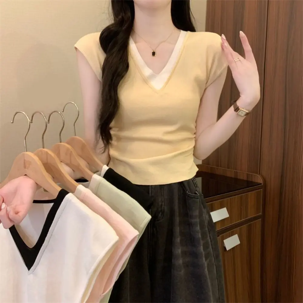 

Модные лоскутные футболки из двух предметов с v-образным вырезом и короткими рукавами, тонкий укороченный топ в корейском стиле, милый топ для девочек, уличная одежда