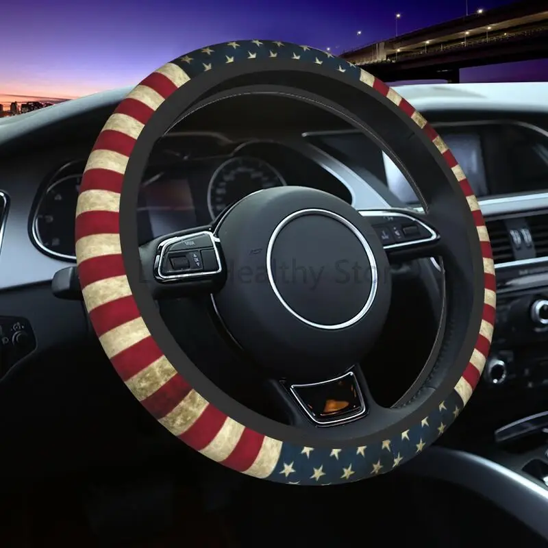Capa de volante com bandeira americana vintage, universal, 15 polegadas, antiderrapante, neoprene, bandeira dos eua, envoltório patriótico, acessórios para carro