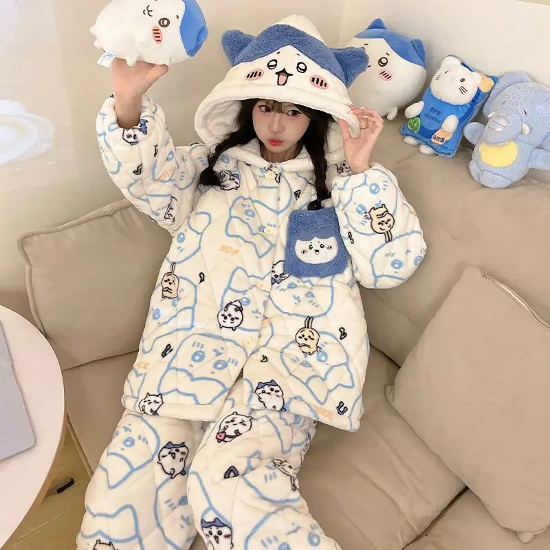 Kawaii Chiikawa Coral Velvet Three-Layer Quilted Women's Pajamas Winter Female Velvet Thickened Cartoon Hachiware Warm Homewear