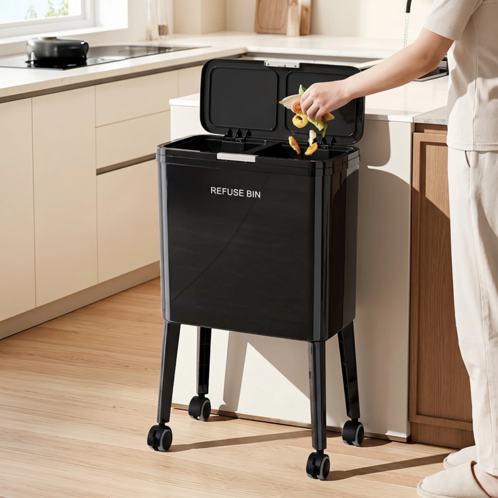 Two-Section Compartment Trash Can Easy-Clean Garbage Can with Two-Section Compartments Trash Bin with Wheels Tailored-Fit