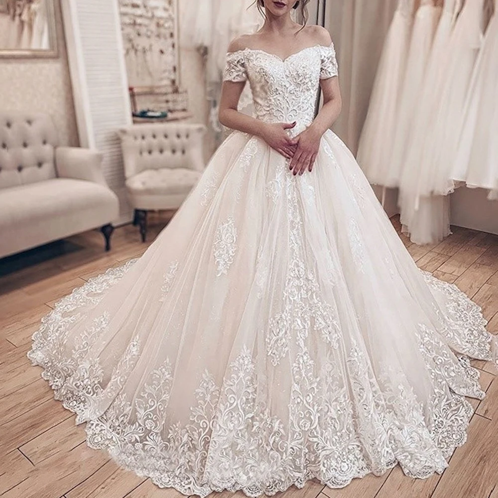 

Vinca Sunny Customized Ball Gown Wedding Dresses Lace applique Sweetheart neck Short Sleeve Plus Size Bridal vestidos de novia