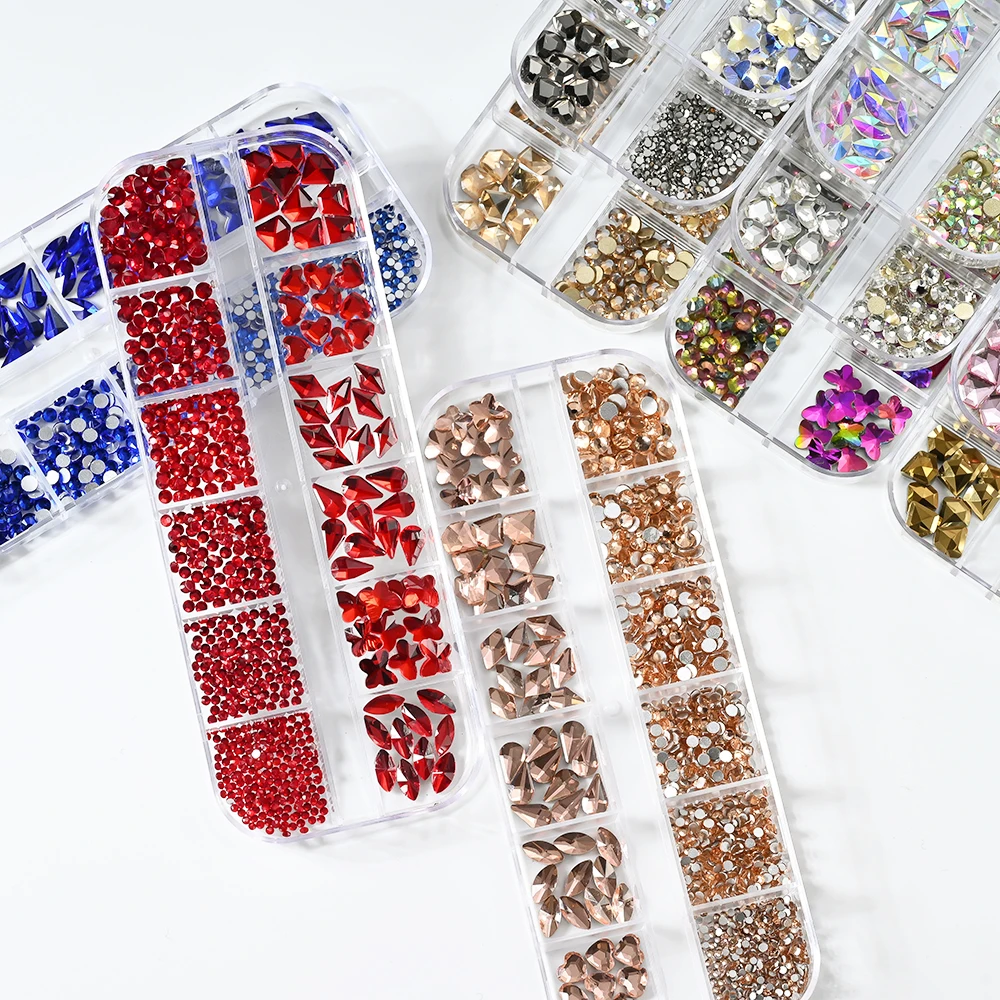 12 グリッド 3D 混合形状ネイルアートラインストーンゴールド/AB/クリア/レッドヒラタガラスダイヤモンドネイルチャーム DIY ネイルアート装飾宝石