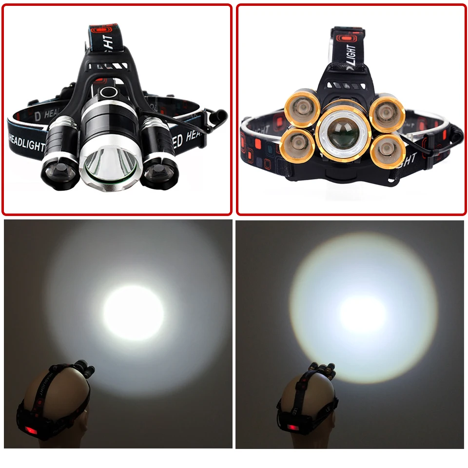 Sensor Switch LED Headlight Headlamp 5 T6 Head Lamp Power Flashlight Torch Light Bulbs 2x 18650 Battery 30W 4 Modes Lithium Ion