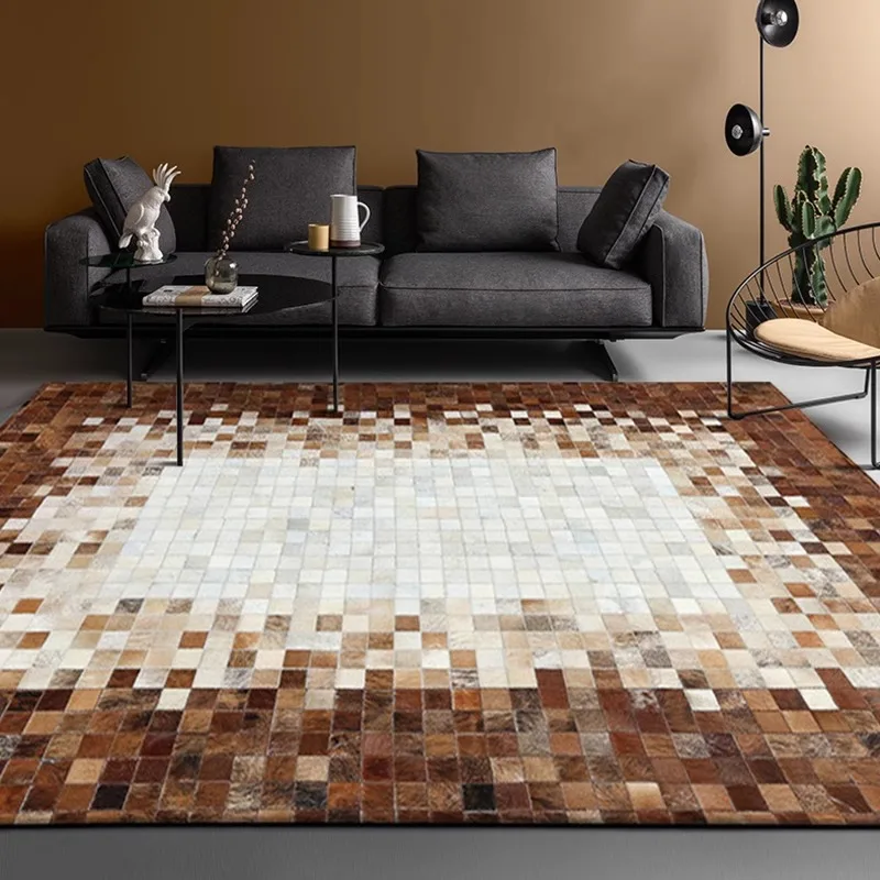 Nordic Black White Plaid Carpet 100% Natural Genuine Cowhide Rug Bedroom Living Room Real Cow Leather Customize Mat Home Decor