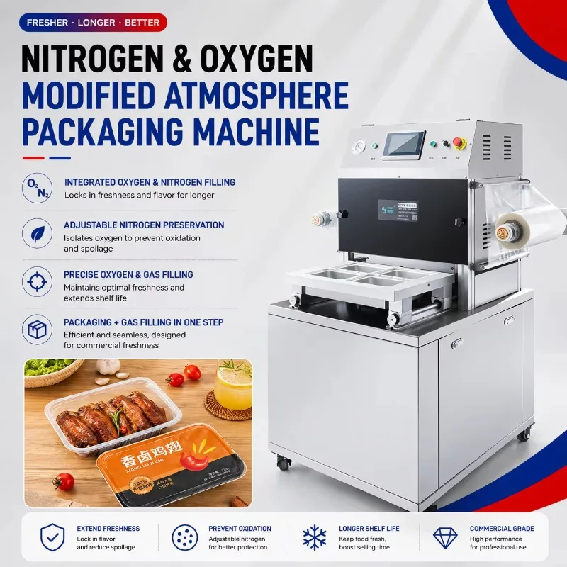 Automatic MAP Fresh Keeping Sealing Machine with Nitrogen and Oxygen Gas Filling for Food Tray Packaging Custom