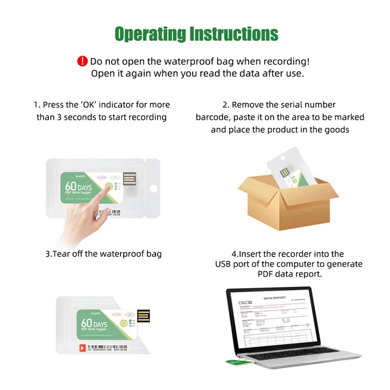 

【Горячие товары】 4X 60 дней USB-регистратор данных о температуре -30 ℃ -+60 ℃ Отчет с приложением IP67 Одноразовый высокоточный рекордер Wi
