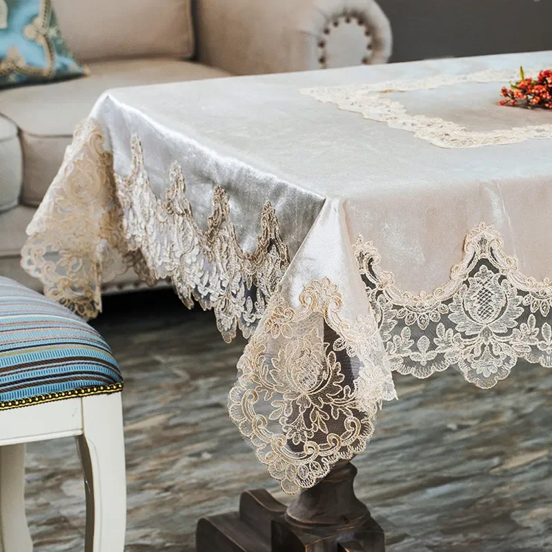 EIFLOY-Luxury Lace Velvet Tablecloth Rectangular, Soft, Square Coffee Dining Table Cover, Party Kitchen, Home Decor, European