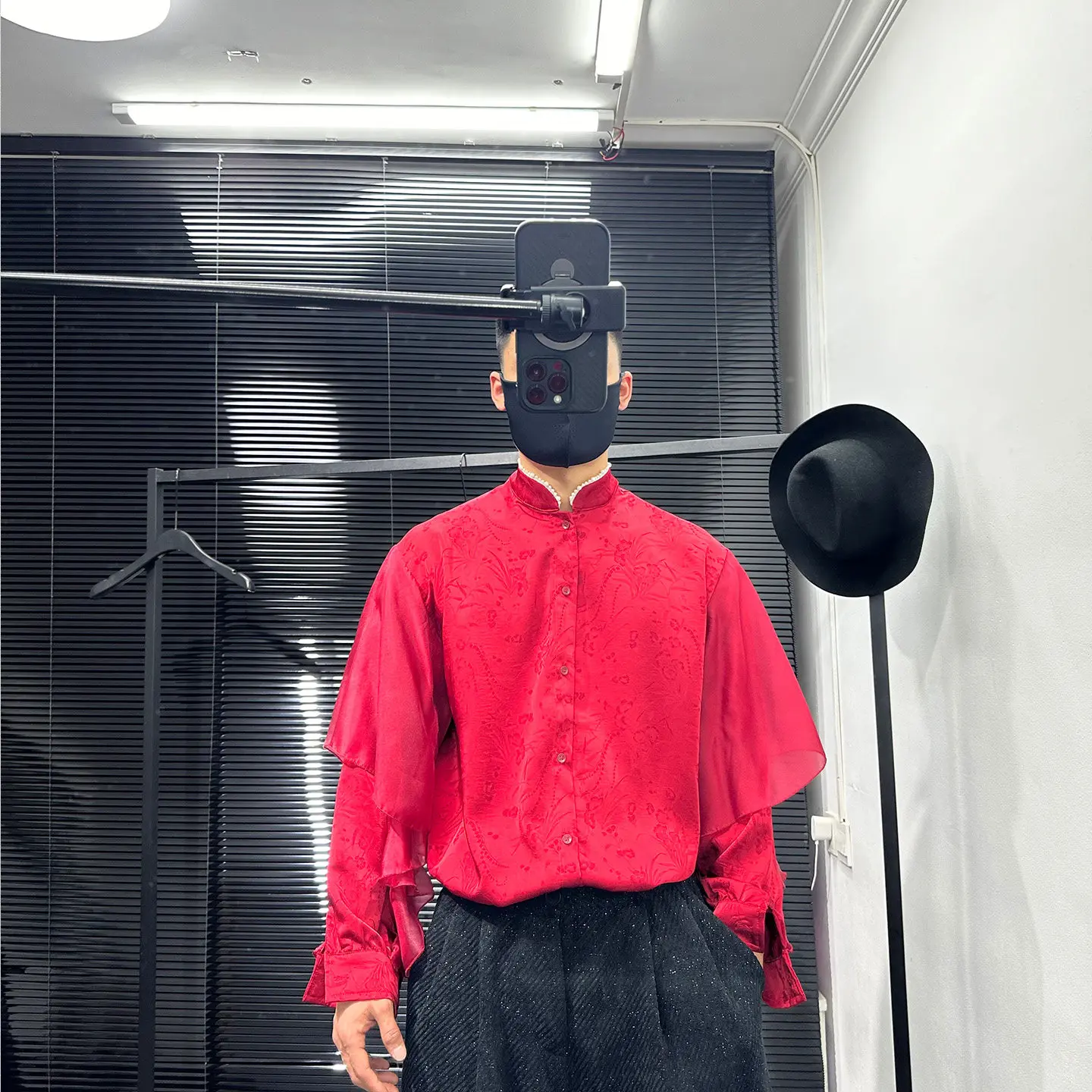 New Chinese Style Red Stand-up Collar Fake Two-Piece Long-Sleeved Shirt Men's and Women's Loose French Batwing Sleeve Top