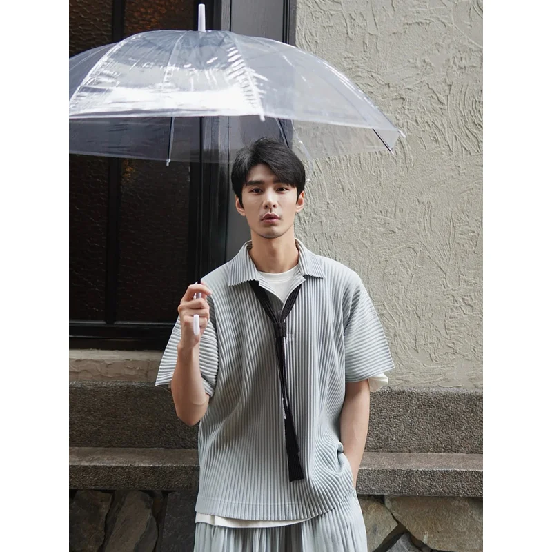 Miyake Pleated Men's Polo Shirt Short Sleeve Plisse Lapel Collar Loose Fit Breathable Stretch Korean Fashion Casual Summer Top