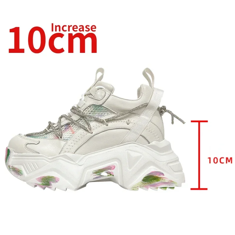 Graffiti Dad Shoes for Women's Increased 10cm Summer Mesh Breathable White Shoes Night Glow Design Thick Sole Casual Sports Shoe