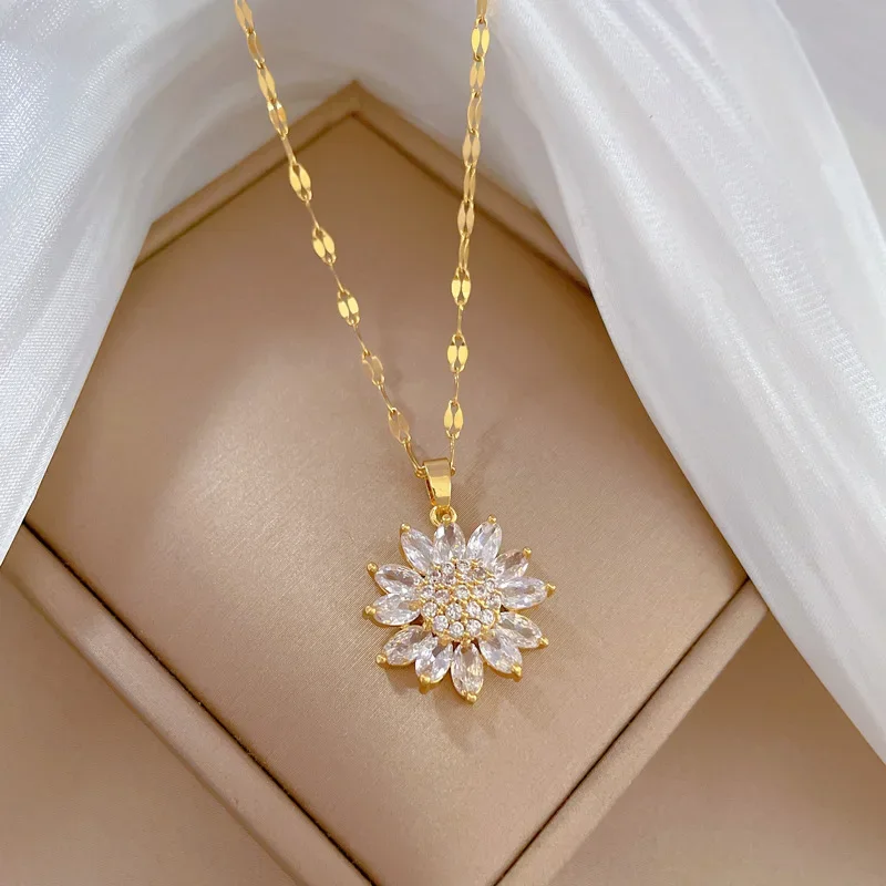 316L Stainless Steel Luxury Zircon Flower Pendant Necklace For Women Girl New Trend Clavicle Chain Jewelry Lady Gift