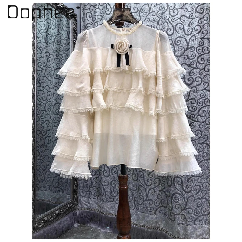 

French Elegant Three-Dimensional Flower Multi-Layer Ruffle Patchwork Long Sleeve Shirt Women Solid Color Versatile Casual Shirt