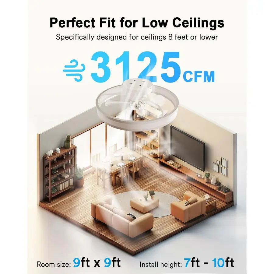 مراوح سقف واي فاي ذكية مع أضواء، مراوح سقف RGBAI مع أضواء وجهاز تحكم عن بعد، وضع الإضاءة المزدوج الحديث LED Low Pr