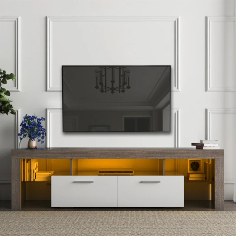 brown simple modern TV stand with the toughened glass shelf Floor cabinet Floor TV wall cabinet Brown + whiteTV bracket with LED