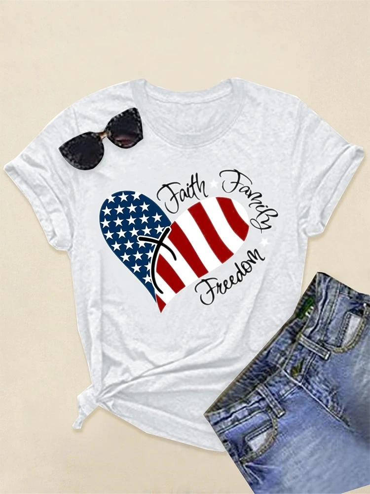 American Flag Design T-Shirt Independence Day Summer Fashion Outfit Short Sleeve Men Women Casual Crew Neck Top
