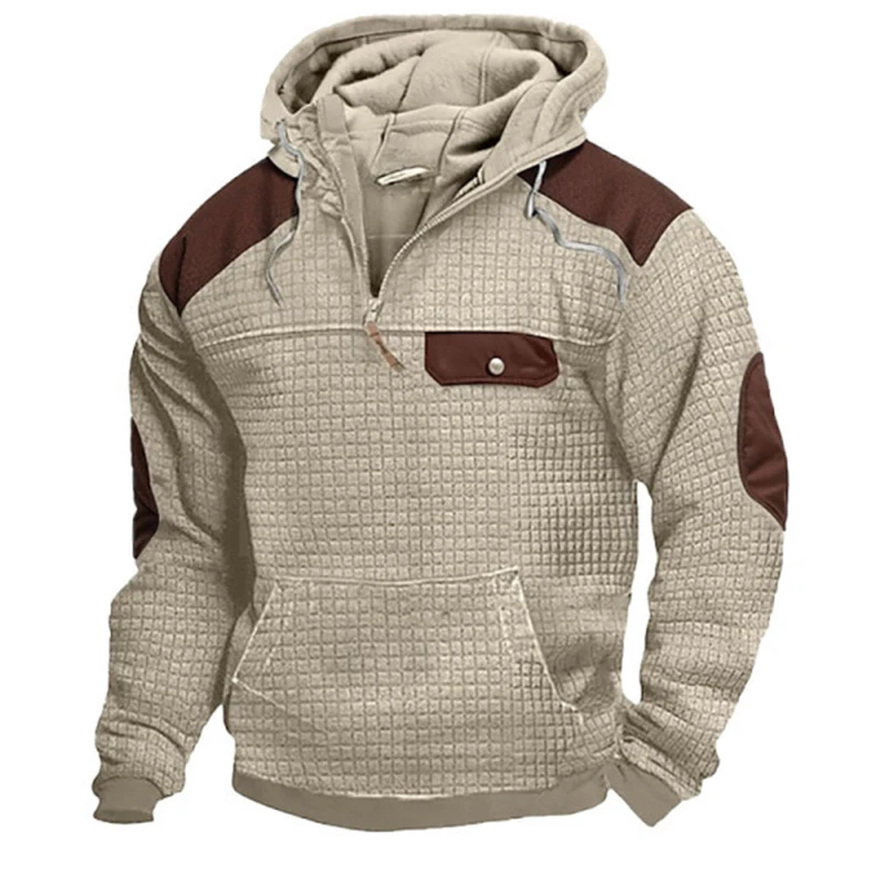 Casual Mens Fleece Lining Hooded Sweatshirts 2025 Spring Trendy Waffle Patchwork Hoodies For Men Winter Outdoor Warm Hoodie Tops