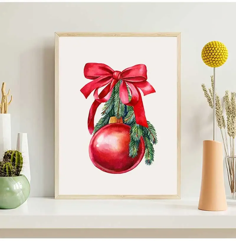 لوحة فنية جدارية حديثة وبسيطة، مجموعة عيد الميلاد الحمراء، هدية عيد الميلاد، ملصق مطبوع على قماش عالي الدقة، ديكور غرفة المعيشة المنزلية وغرفة نوم الفتاة
