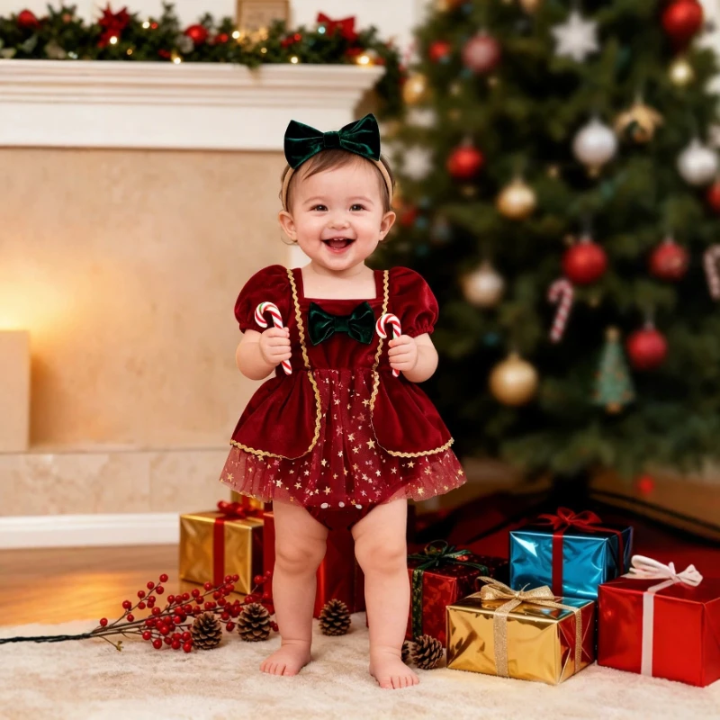 Baby Girl Christmas Red Velvet Star Tulle Romper Dress Green Bow Newborn Infant Toddler Holiday Party Outfit Clothes