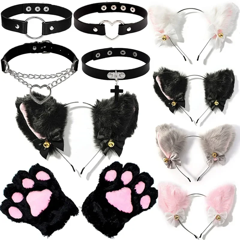 Katzen ohr Bogen Stirnband Halskette Katze Klaue Handschuhe Cosplay Plüsch Glocke Haarband Frauen Mädchen Maskerade Party Kopf bedeckung Haarschmuck