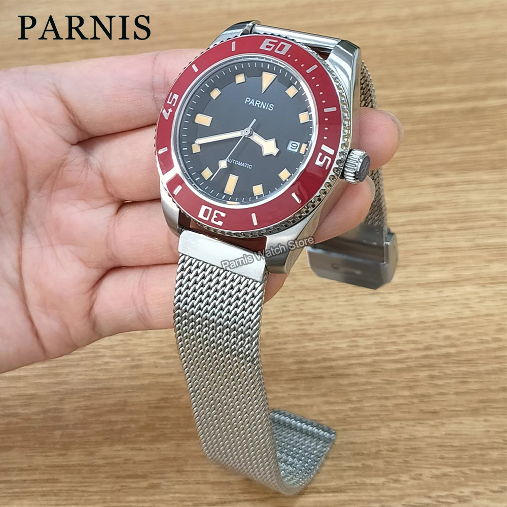 

Parnis 43 мм черный циферблат Miyota8215 автоматический вращающийся безель мужские деловые часы ремешок из нержавеющей стали PA6033