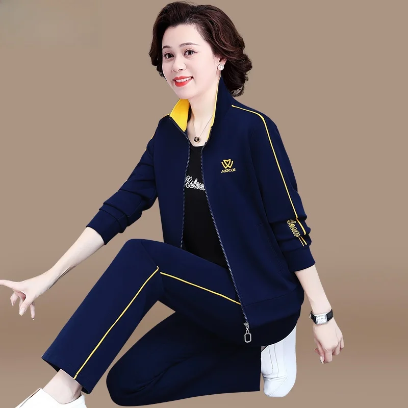 

Весенний модный комплект верхней одежды для женщин среднего возраста: повседневный спортивный костюм-тройка с молнией, свободный крой