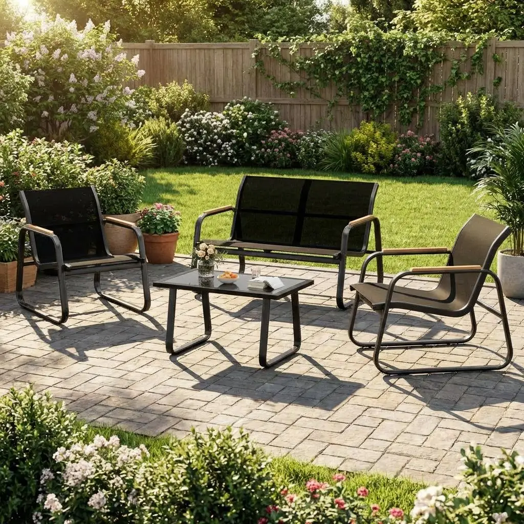 Set di mobili da giardino composto da 4 pezzi: due poltrone, un divanetto e un tavolino da caffè con piano in vetro temperato, rivestimento in tessuto Textilene resistente agli agenti atmosferici e