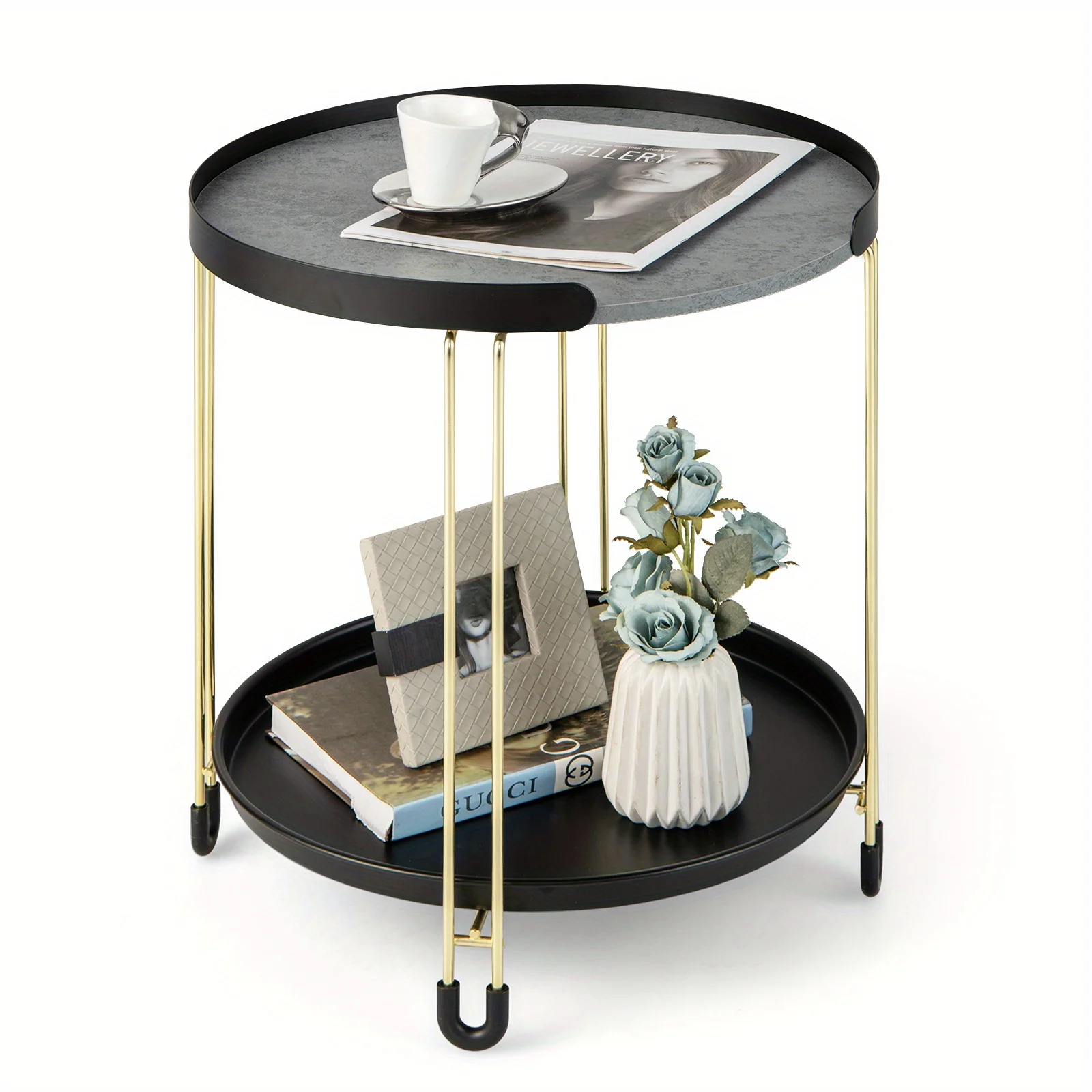 

2-Tier Side End Table Round Nightstand Golden Frame for Living Room Bedroom, 1 Piece