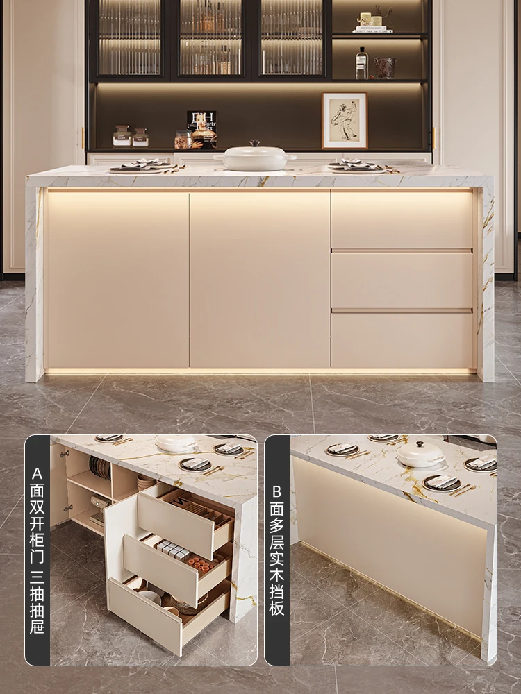 

French cream wind rock slab island table bar table integrated household open kitchen partition multi-functional operation table