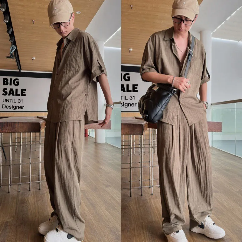 Summer Light Thin Casual Suits Trendy Men's Korean Edition Design Handsome Solid Loose Short Sleeves Shirt + Pants Two Piece Set