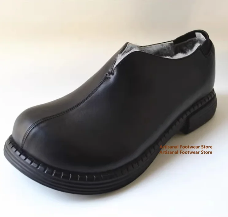 Anti Slip Thick Soled Snow Boots for Men Real Wool Low Top Cotton Shoes Brown/black Leather Slip On Loafers Trendy Men's Shoes