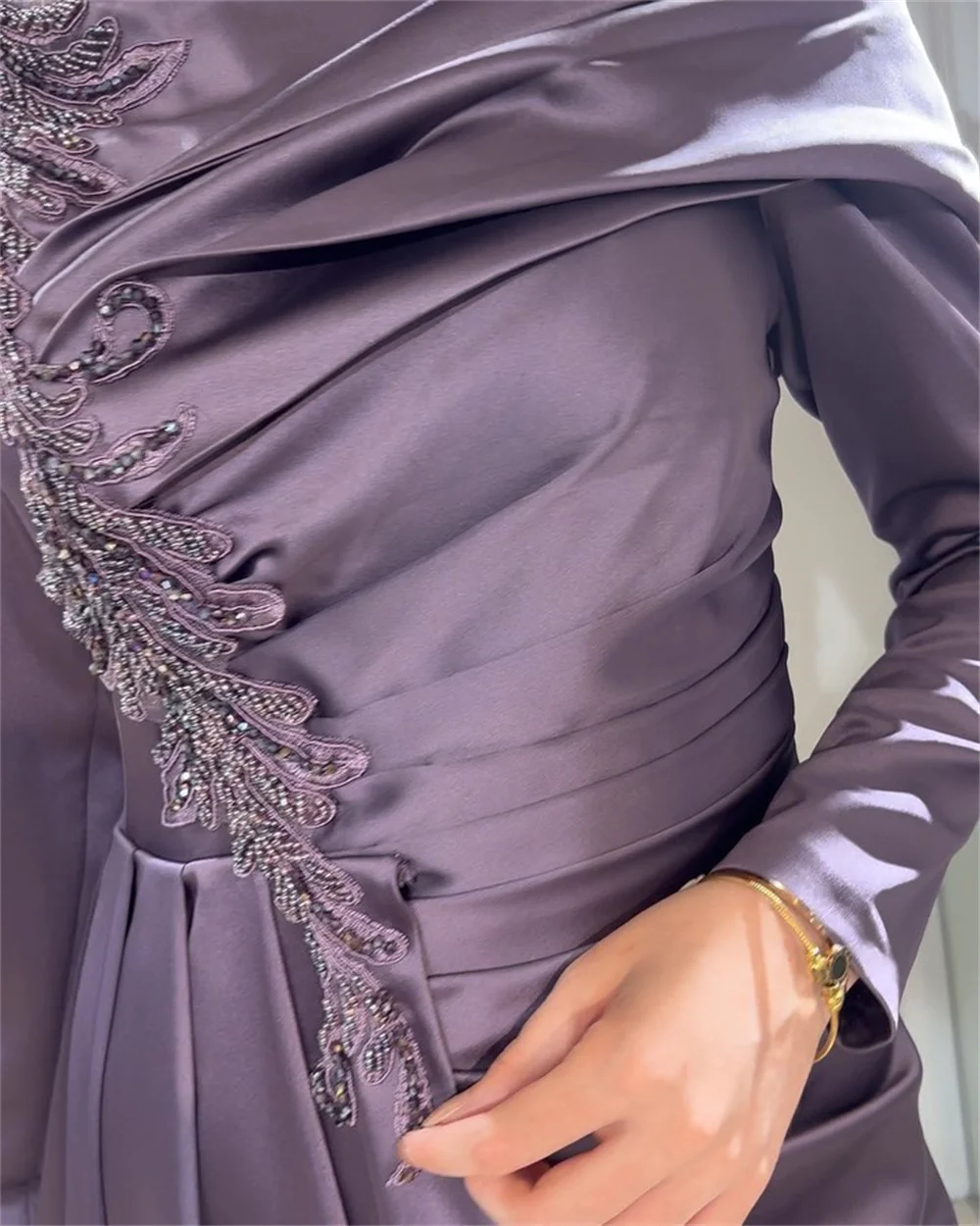 Sansa Purple Satin فساتين سهرة Pleats Modest Mermaid Prom Dresses Elegant Long Sleeves Floor-Length Long Train Saudi Arabia 2024