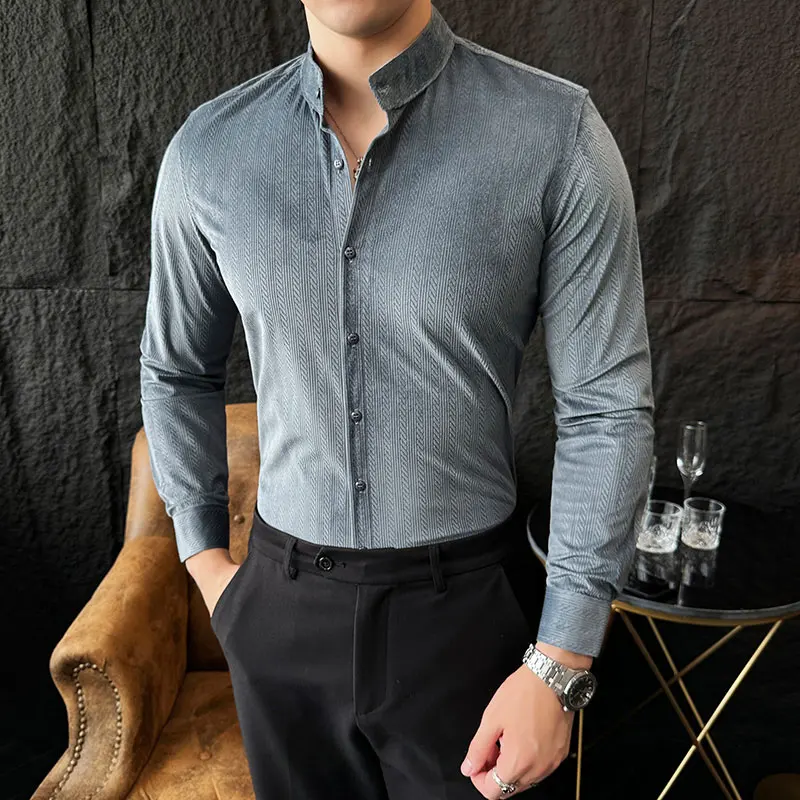 

Autumn Winter Stand Collar Velvet Men Dress Shirts Long-sleeved Slim Fit Camisas De Hombre Party Club Korean Elegant Male Shirt