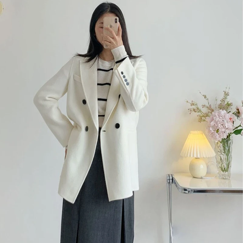 Green Double-Sided Wool Coats Autumn Winter Women Suit Collar Double -Breasted Commuter Style Mid Length Jackets Blazer Tweed