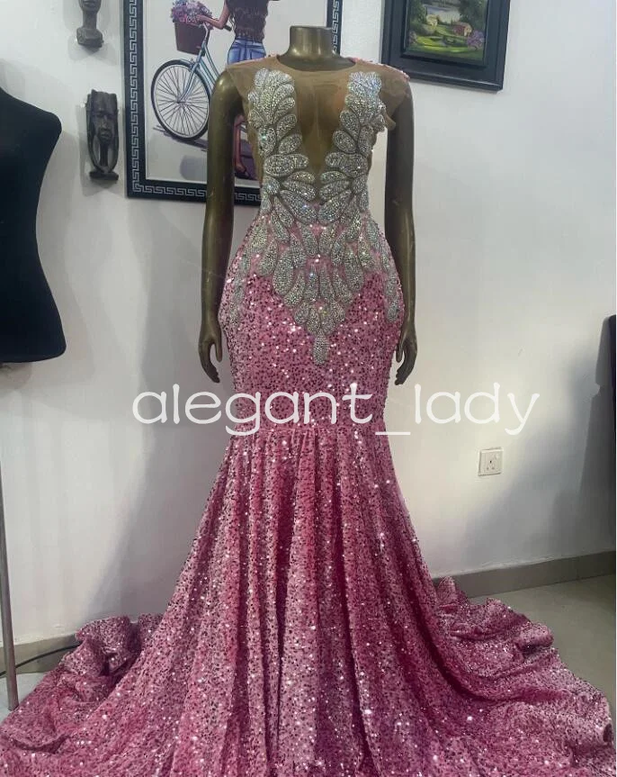 Vestidos largos de graduación de sirena rosa brillante para mujer, vestido de ceremonia de noche de terciopelo con cristales y diamantes de lujo, vestidos de gala