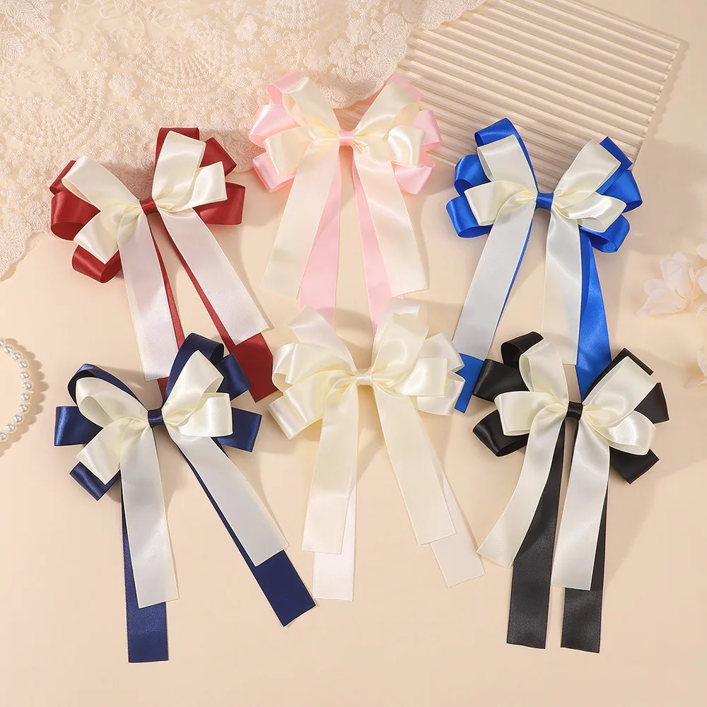 1Pcs Two Tone Satin Bow Hair Clip Long Streamer Ribbon Barrettes Sweet Women Girls Wedding Party Hair Accessories