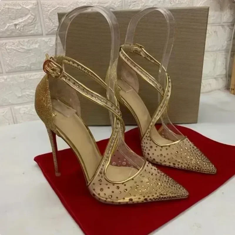 

TOP Quality Red Bottom Stiletto Heel Shoes New Cross Strap Crystal Mesh Covered Heels Lady Glitter Rhinestone High Heel Sandals