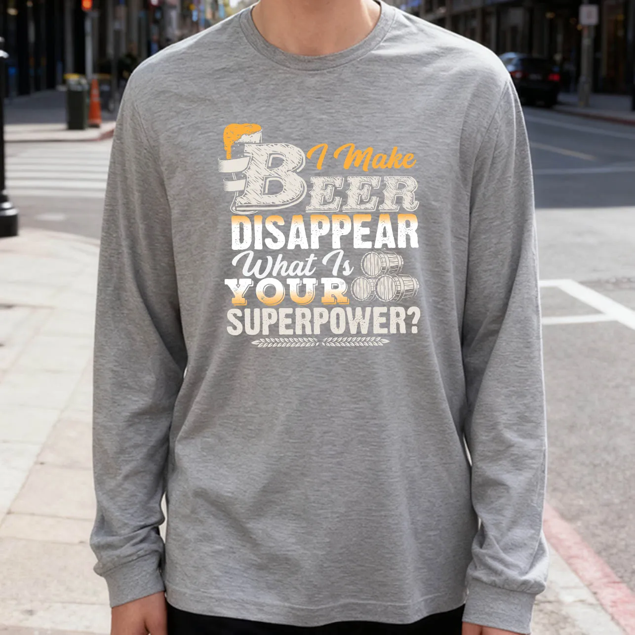 Beer Disappear Men's Long Sleeve T-Shirt 180g 100% Cotton Printed Crew Neck Casual Daily Wear Soft and Breathable