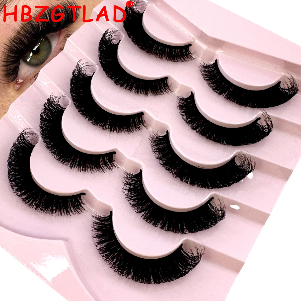 HBZGTLAD 5 Pairs Russian Volume Classic Cat Eye Artificial Mink False Eyelashes Natural DD Curl Fluffy Faux Eyelashes Cross Wisp
