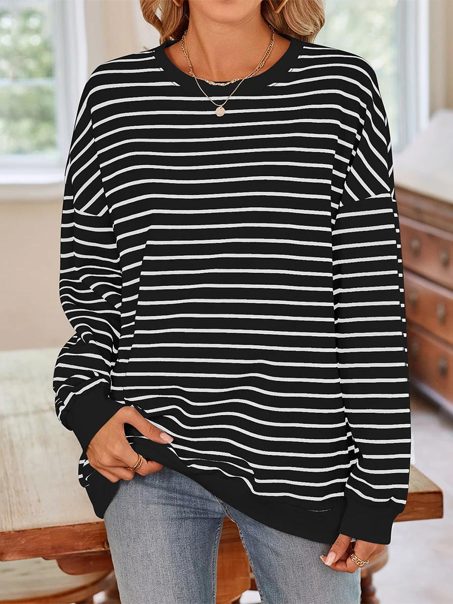 

Women's Striped Sweatshirt Loose Crew Neck Drop Shoulder Long Sleeve Casual Pullover Tops for Fall Winter