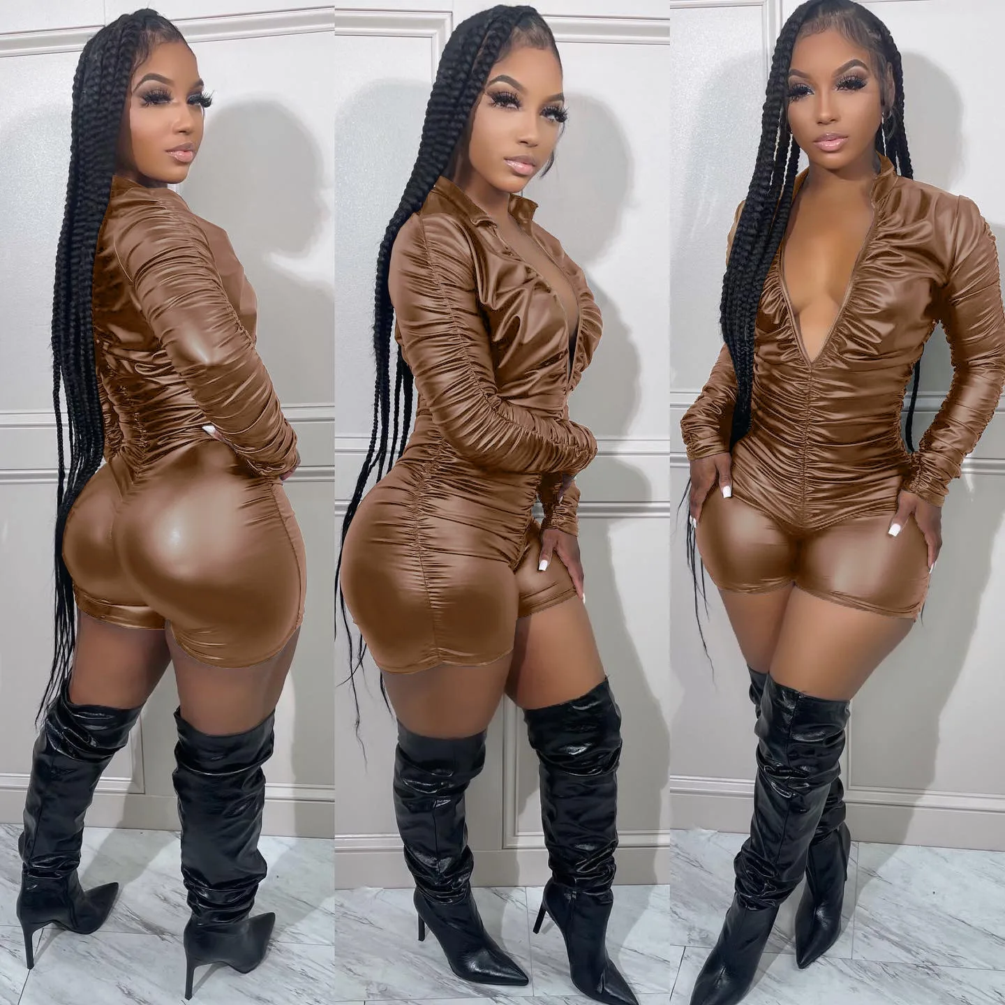 Solid Color Ruched High Stretch Leather Jumpsuit