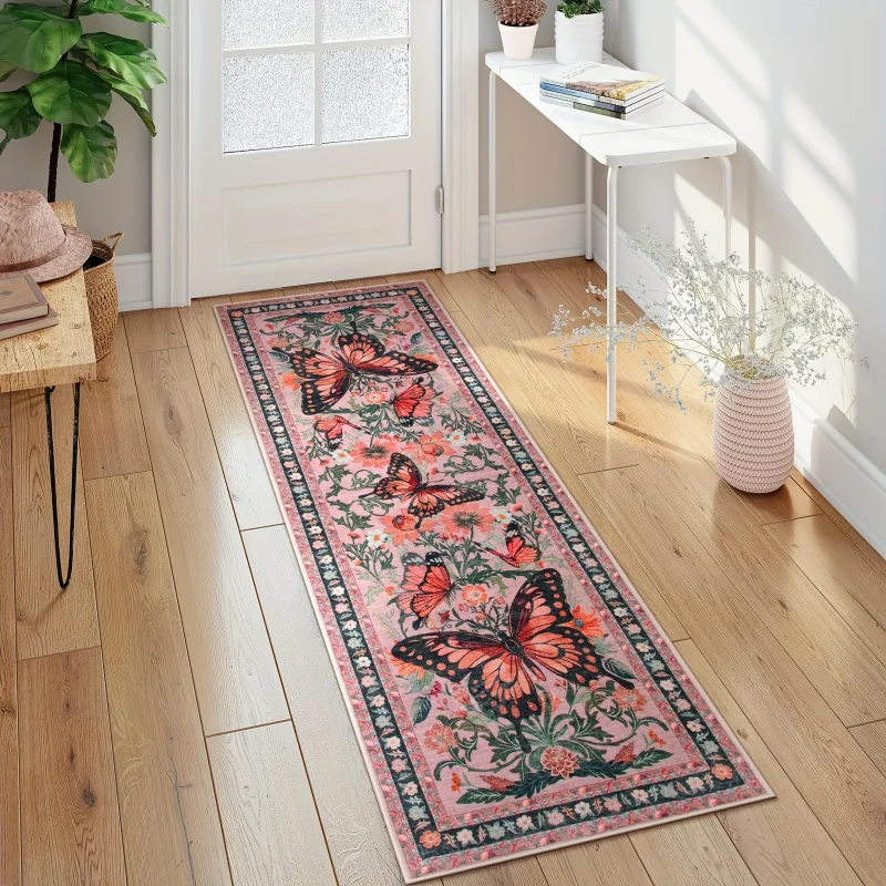 VIKAMA Retro Floral Butterfly Runner Mat Anti Slip Washable Rug For Kitchen Bedroom Hallway Entryway Vintage Bohemian Home Decor