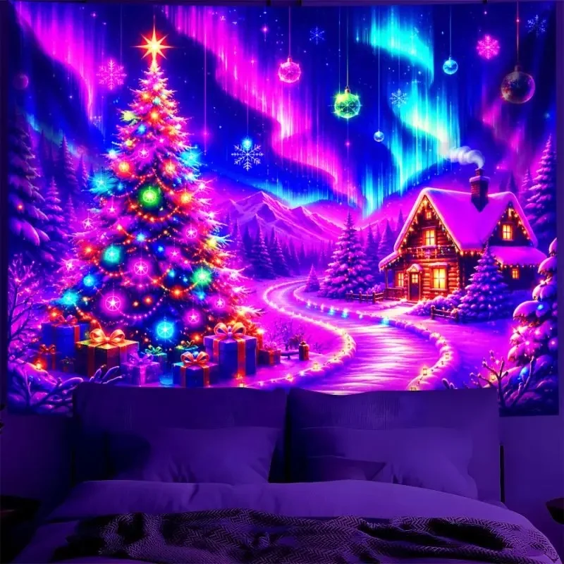 VIKAMA Christmas Snow Town Wall Tapestry Santa Sleigh Firework Moon Kids Pet Wall Hanging Backdrop for Bedroom Holiday Decor