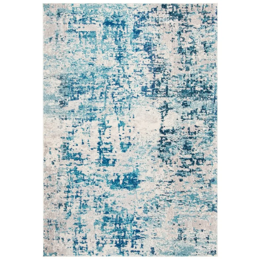 

Vintage Abstract Area Rug for Living Room and Bedroom Soft Ivory and Turquoise Design 5'3 x 7'6