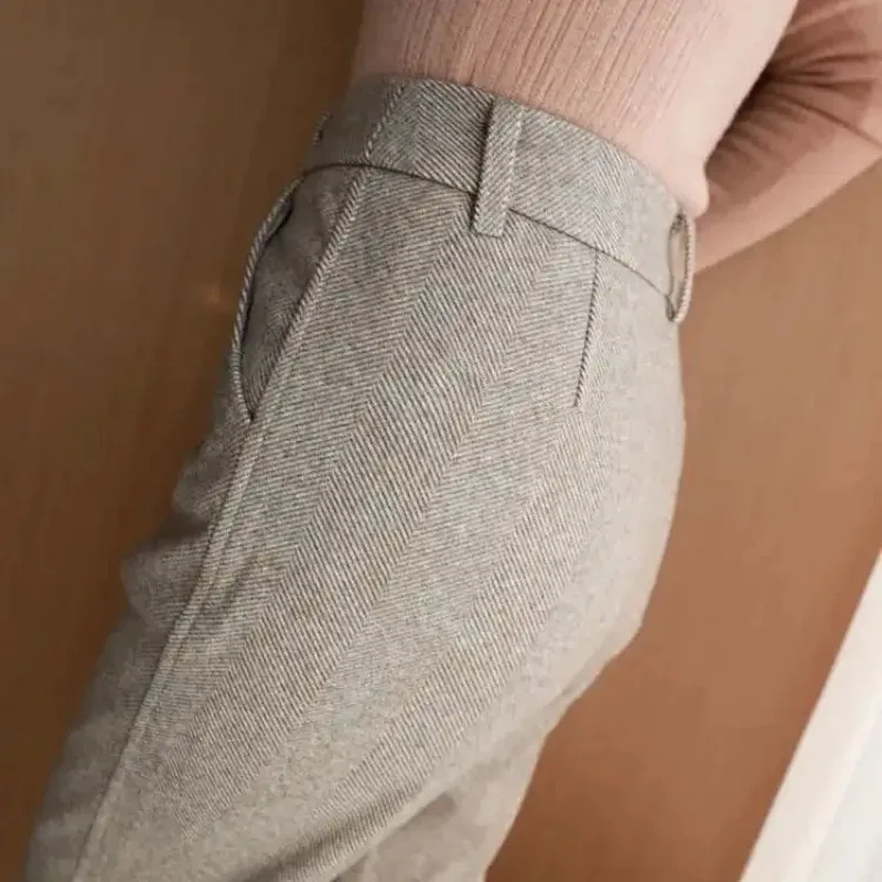 Herringbone Pattern Woolen Pants Women's Autumn and Winter New High Waist Slimming Straight Casual Pants Harlan Foot Pants