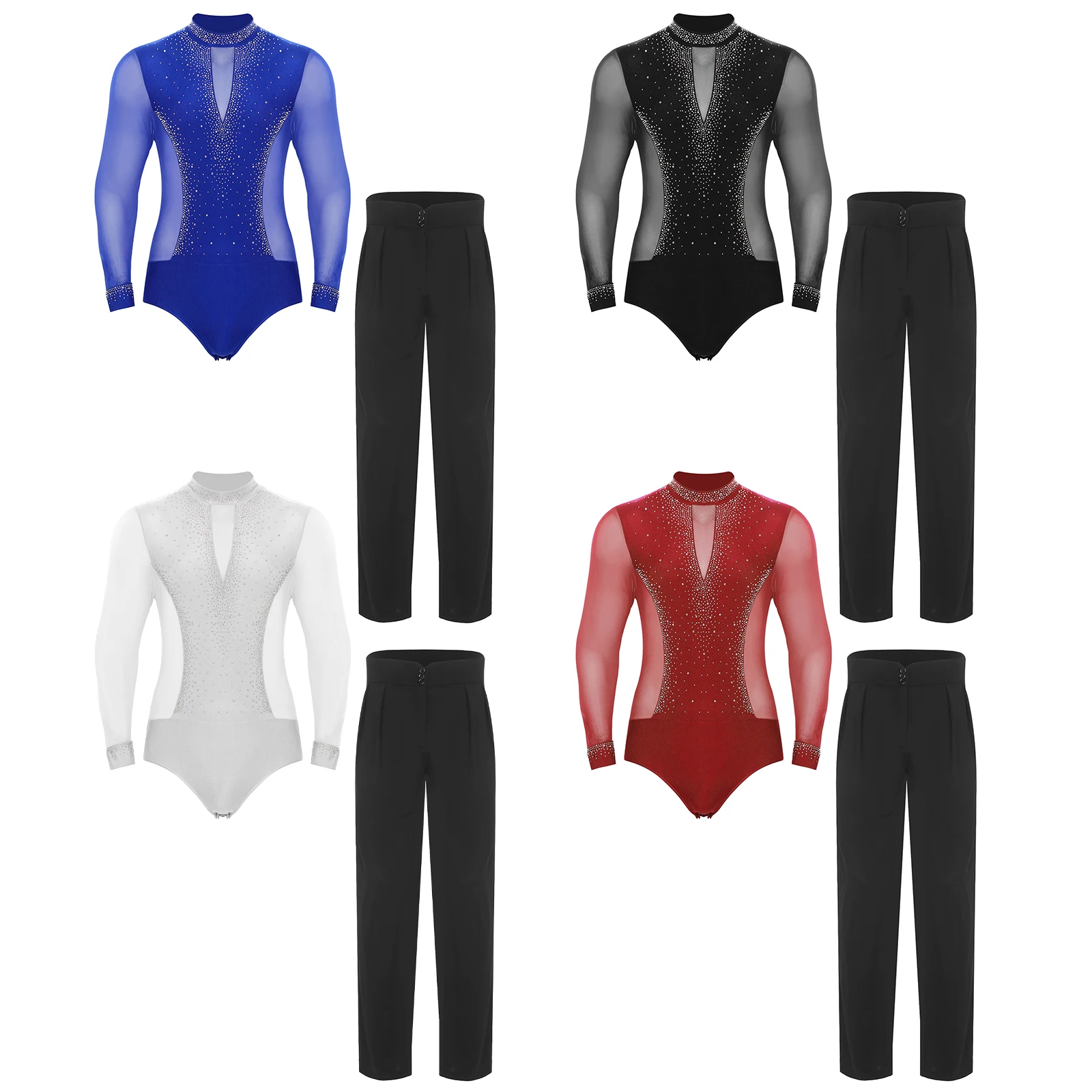 Abiti da ballo latino da uomo Collo a lupetto Manica lunga Strass lucidi Body in rete Body e pantaloni Pattinaggio di figura Chacha Dancewear